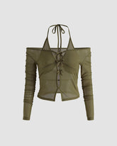 Hazelnut Halter Mesh Top